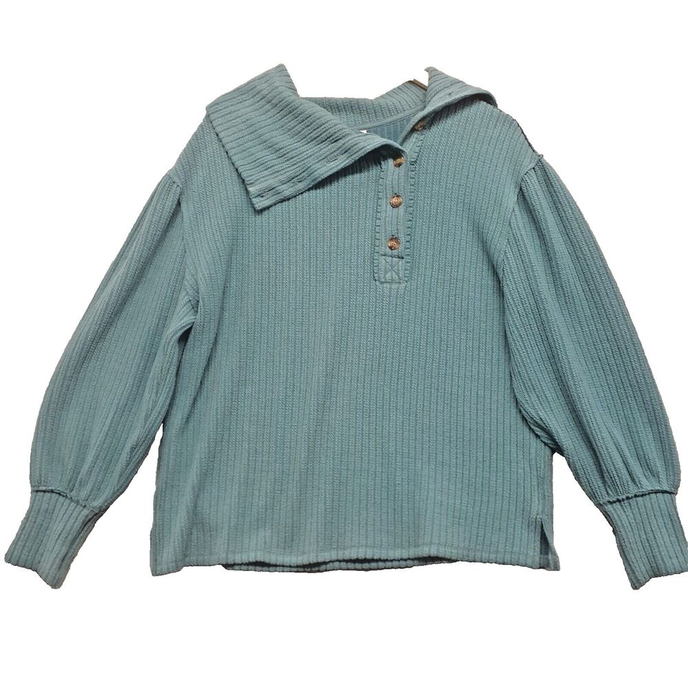 Tru Luxe Jeans Women Sz M Teal Blue Knit Side Button Cowl Neck Balloon Sleeves